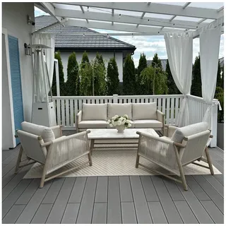furrore Gartenlounge-Set "Legend Cafe" Eukalyptusholz 5-Sitzer, handgeflochtene Rope Lehnen, (4-tlg), mit Tisch, Boho, Skandinavisches Design, Gartenmöbel-Set