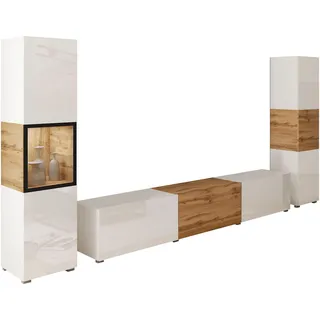 Home Affaire Wohnwand HOME AFFAIRE "BERLIN III, Vitrine Türschlag links/rechts wechselbar", weiß (weiß matt, eichefarbe votan, weiß hgl, eichefarbe votan), B:260cm H:130cm T:33cm, ABS-Kunststoff, Glas, Hartfaserplatte, Kastenmöbel-Sets, Wohnwand, moderne grifflose 