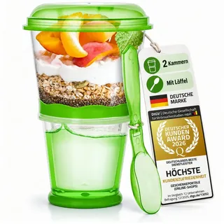 Goods+Gadgets Aufbewahrungsbecher GOODS+GADGETS Müsli To-Go Becher 2in1 mit Kühlfach & Klapp-Löffel, (Milchkühlfach & Klapp-Löffel), Joghurt 2-Go Reise-Becher grün