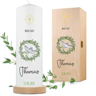 GRAVURZEILE Bedruckte Kerze - Taufkerze Kranz - brilliant bedruckte Kerze zur Taufe - Personalisiertes Taufgeschenk für Mädchen & Jungen - Hochwertige Stumpenkerze 250/80 mm - Taube