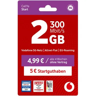 Vodafone CallYa Start Prepaidkarte, (2 GB, 5 EUR Startguthaben, ohne Vertrag, 5G-Netz, Allnet-Flat) rot