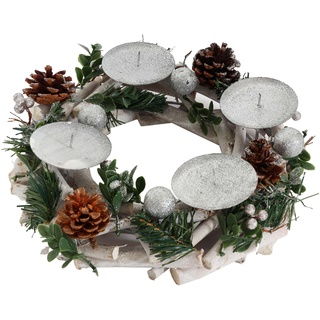 Adventskranz HWC-M12, Adventsgesteck Tischkranz Weihnachtsdeko Tischdeko Holz Silber weiß Ø 30cm - ohne Kerzen