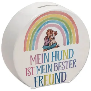 speecheese Spardose Bester Freund Spardose - Frau umarmt Hund unter Regenbogen