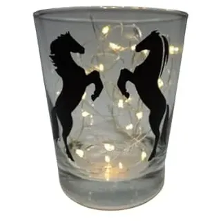 Lichtidee Teelicht Glas Windlicht Tischlicht Print mit steigende Pferde schwarz Handmade Unikat Ostern Muttertaggeschenk, Höhe 8cm,