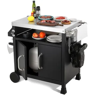 LIFERUN Edelstahl Grillwagen 3-Etagen, Grilltisch Servierwagen Beistelltisch, Grill Trolley Outdoor, Küchentrolley mit Schrank und 2 Rollen, BBQ Beistellwagen Küchenwagen, für Garten Picknicks Partys