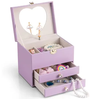 VLANDO Schmuckkästchen Mädchen mit Spieluhr, große Spieluhr für Kinder mit Ballerina und Schubladen, 3-lagiges Schmuckgeschenk für Mädchen und Kinder – Lila
