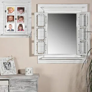 Melko Wandspiegel mit Fensterläden und Ablage 64x54 cm Shabby Chic Weiß