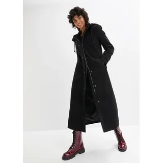 bonprix Mantel aus Wollimitat Maxi-Länge, schwarz, Gr.50, Lässiger Longmantel in Wolloptik mit Kapuze und Kordelzug, seitliche Eingriffstaschen