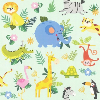 Rasch Tapete 229714 - Bunte Kinderzimmer-Tapete mit Tieren; Elefant, Giraffe, Löwe, Affe und Co. - 10,05m x 0,53m