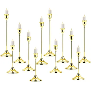Kerzenständer Gold 12 Stück, 16/19/22 cm, Vintage Halter für Stabkerzen | Set mit 12 Goldenen Kerzenständern in 16, 19 und 22 cm – für Stabkerzen, Tischdeko, Hochzeit, Weihnachten und Wohnbereich