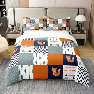 Loussiesd Cartoon Fuchs Bettwäsche Niedlich Fuchs 100% Baumwolle Bettwäsche Set 135x200cm für Kinder Jungen Bohemian Style Bettwäsche Geometric Grid Lattice Bettwäsche mit 1 Kissenbezüge