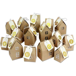 Papierdrachen Adventskalender 2025 - Häuser-Set aus stabilem Kraftpapier - 24 Boxen mit goldenen Zahlenanhängern - DIY Weihnachtsdorf zum Befüllen