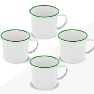 FUN FAN LINE | Set aus Emaille-Bechern 350 ml Kaffee/Tee/Heiß-/Kaltgetränke Retro/Vintage-Design, Camping Picknick oder Reisebecher Leicht, tragbar und wiederverwendbar (Weiß mit Grün, 4er-Set)