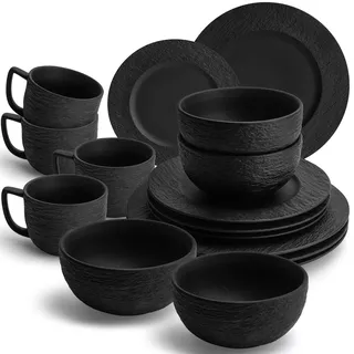 MIAMIO - 16 teiliges Geschirrset schwarz 4 Personen - schwarzes Steingut Geschirr Set - Teller Set schwarz - Oasis Kollektion