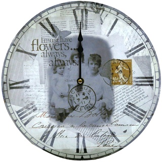 Vintage Wanduhr Wanddeko Uhr für Wohnzimmerwand Uhr Retro, römische Zahlen, Motiv Postkarte, MDF lackiert, 1x AA Batterie, DxT 31x4 cm