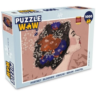 MuchoWow Puzzle Porträt - Blumen - Frau - Braun - Pastell, 1000 Puzzleteile, Foto-Puzzle, Bilderrätsel, Puzzlespiele, Klassisch bunt