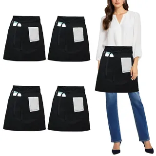 umboom 4 Stück Vorbinder Schürze, Schwarz Küchenschürze mit 3 Taschen, Kurz Koch Schürzen, Kellnerschürze Grillschürze Baristaschürze Taillenschürze für Herren Damen (Schwarz - Polyester)