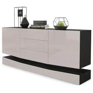 Vladon Sideboard City (Kommode, mit 2 Türen und 3 Schubladen), Schwarz matt/Sandgrau Hochglanz (178 x 72 x 38 cm) grau