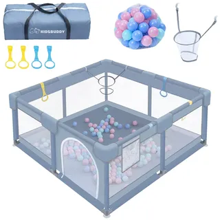 WoRaum Laufstall Baby 130 x 130 x 66 cm, Laufgitter Baby, Laufstall mit Zugringen, Bällen, Atmungsaktivem Netz, Rutschfestem Boden, Sicherheitsspielplatz Schutzgitter für Kinder (Grau,130CM)