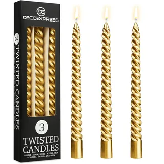 DECO EXPRESS Stabkerzen Set, 3er Packung, Tropffreie Gedrehte Bunte Kerzen, 6 Stunden Brenndauer Unparfümiert, Schlafzimmer Deko Geschenke für Valentinstag und Muttertag (Gold, 3er-Pack)