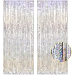 PIGETALE Lametta Vorhang Silber, 2 Stück 1x2.5m Metallische Glitzervorhang Fringe, Glitzer Party Vorhang, Folien Fransen Hintergrund fur Geburtstag Hochzeit Festivals Disco Silberhochzeit Dekoration