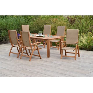 MERXX Garten-Essgruppe Capri, (Set 7-teilig, Tisch, 6 Klappsessel, Akazienholz mit Kunststoffgeflecht) beige