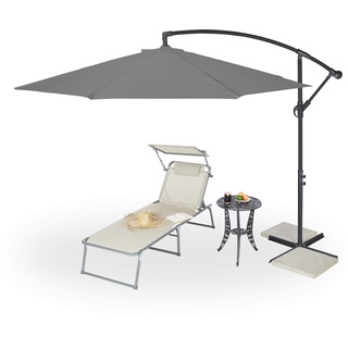 Relaxdays Ampelschirm mit Kurbel, ∅ 300 cm, inkl. Schutzhülle, schwenkbar, stabil, XXL Sonnenschirm mit Ständer, grau