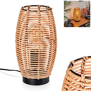 Tischleuchte Mulstrand, moderne Boho Tischlampe aus Metall/Rattan in Schwarz/Natur, Nachttischlampe mit Schirm in Gitter-Optik, An-/Ausschalter am Kabel und Lichteffekt, 1 x E27, ohne Leuchtmittel