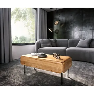 DELIFE Couchtisch Shavani, Akazie Natur 100x50 cm 1 Schublade L-Fuß Metall Schwarz beige 100 cm x 55 cm x 50 cm