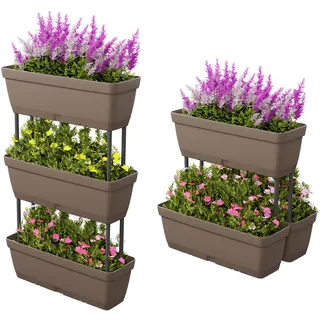 COSTWAY 6 Stück Blumenkästen, DIY-Design, 49 cm lang, Pflanzkästen mit Drainagesystem, Vertikales Hochbeet, Pflanzkübel für Garten Terrasse Balkon, Blumentöpfe aus Kunststoff (Grau)