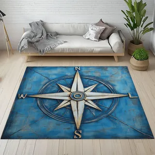 Dpvbffx Nautische Kompass Teppich Wohnzimmer Schlafzimmer | Meer Marine Maritim Abenteuer Kurzflor Teppich 140x200 cm, Vintage Holzmaserung Teppiche Antirutsch Waschbare Teppiche