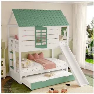 REDOM Kinderbett Jugendbett,Funktionsbett,Hausbett (90x200 Haus-Etagenbett mit Rutsche und Ausziehbett in Weiß+Grün – Kreatives Kinderzimmermöbel mit Sicherheitsgitter, Gästebett., 90X200), mit Rutsche und Ausziehbett 236 cm x 205 cm x 228 cm