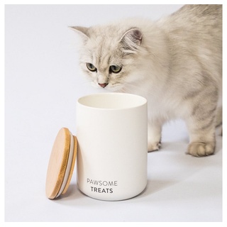 LucyBalu Futterbehälter Luftdichte Katzenfutter- & Leckerlidose aus Keramik mit Bambus-Deckel weiß