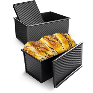 Brotbackform mit Deckel 2er Set, 450g Toastbrotform Kastenform Antihaft | Brotbackform mit Schiebedeckel, Kohlenstoffstahl Brotform, 21.2x12x11cm, Toastbrot Backform für Brot, Kuchen, Schwarz