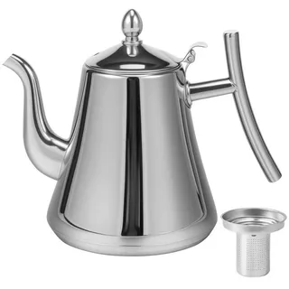 Tekoo Teekanne Teekanne Siebeinsatz 2000ml, mit Griff aus Metall für Induktion & Gas, Herausnehmbares Sieb, isolierter Griff, tropffreier Ausguss silberfarben