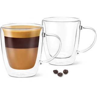 DLux Doppelwandige Kaffeegläser mit Griff Set (160ml - 2er Set) Doppelwandig Lungo Gläser - Cappuccino Tassen Set - Thermoglas für Kaltes und Heißes Getränk - Kaffeetassen Teegläser - Nespresso Tasse