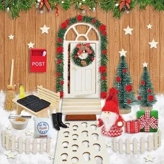 70-teiliges Miniatur Wichtel Zubehör Set Weihnachten Holzdeko Tür Haus