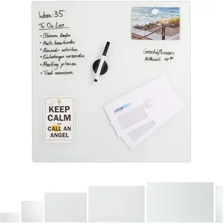 Relaxdays Magnettafel Glas, 50x50 cm, 3 Magneten, Marker, Stiftehalter, Büro & Küche, Sicherheitsglas Magnetboard, weiß