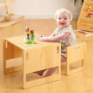 FUNLIO Montessori Beikosttisch und Stuhl-Set für Kleinkinder 1-3 Jahre, höhenverstellbar, Kinder-Tisch und Stuhl zum Lesen/Essen/Spielen, einfach aufzubauen