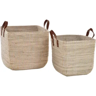 Set/2 Handgearbeitete Seegras Dekokörbe zur Aufbewahrung Flechtkorb Korb Natur mit weißen Wicklungen (Hell Natur, Set/2 Quadratisch (44x44x41 / 38x38x35cm))