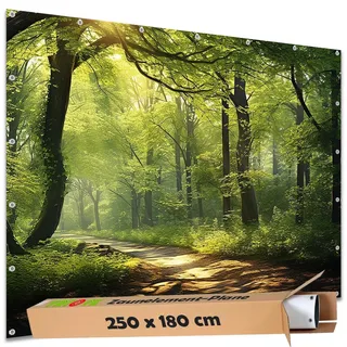 TRIOSK Sichtschutz Garten Deko Zaun Plane Blickdicht groß mit Zaunblende Motiv Wald Waldweg Baum Weg für Zaunelement Doppelstabmatten Stabmattenzaun Gartenzaun PVC 250x180 cm