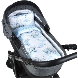 Babylux Babydecke Minky PLÜSCH Kuscheldecke Decke 75 x 60 cm + Kissen 2 TLG Set für Kinderwagen/Wiege (MP126 - Blau + Elefanten)