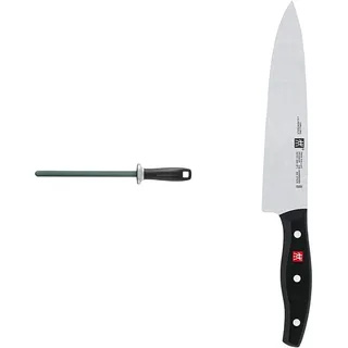 ZWILLING Wetzstahl aus Keramik, Länge: 23 cm, Schwarzer Kunststoffgriff mit Aufhängöse & Clementoni 1001364 ZWILLING Kochmesser, Klingenlänge: 20 cm, Breites Klingenblatt, Schwarz, Silber
