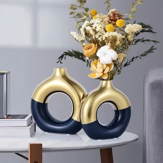 Blaue und goldene Kreisvase mit Loch, Keramik-Goldvasen, Heimdekoration, moderner, minimalistischer Esstisch, Tafelaufsatz, Donut-Vase für Regal, für Pampasgras, Kaminsims, Couchtisch, dekorativ