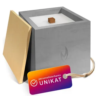 Monster24 Betonkerze Outdoor 15x15x15 cm mit Dauerdocht – Tischfeuer mit Bambusdeckel - Windfestes Gartenlicht, Gartenfackel für Terrasse Balkon - Beton Tischkerze wiederbefüllbar als Outdoor-Deko