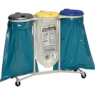 VAR Abfallsammler 3-Fach, fahrbar kieselgrau, Deckel silber, gelb und blau aus Kunststoff, BxTxH 1200x500x980