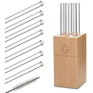 Klarstein Glaswerk Frezzeria Glasstrohhalme 7 Stück 0,8 x 15 cm (ØxH) Holzhalterung Bürste Klarglas