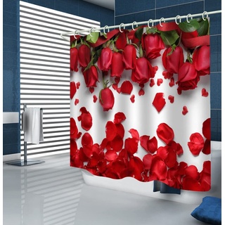 Duschvorhang 200x200 Rote Rose Duschrollo Wasserabweisend Anti-Schimmel mit 12 Duschvorhangringen, 3D Bedrucktshower Shower Curtains, für Duschrollo für Badewanne Dusche
