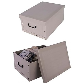 Kreher® 2 Stück Aufbewahrungsbox mit Deckel, Deko Papp-Karton, Stapelbox, 45 Liter mit Griffen, 51 x 37 x 24 cm (Klassisch Weiß)
