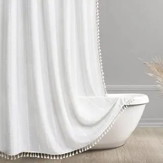 Awellife Cremeweiß Boho Duschvorhang-Set – Premium-Qualität, strapazierfähiges Baumwoll-Leinen, modernes Bauernhaus, Shabby-Chic, Duschvorhang, böhmisch, wasserdicht und waschbar, 137x198 cm